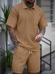 Manfinity RSRT Men's Polo Shirt & Shorts Set, Knitted Casual Everyday Wear, World Cup, Holiday - Khaki - View 5