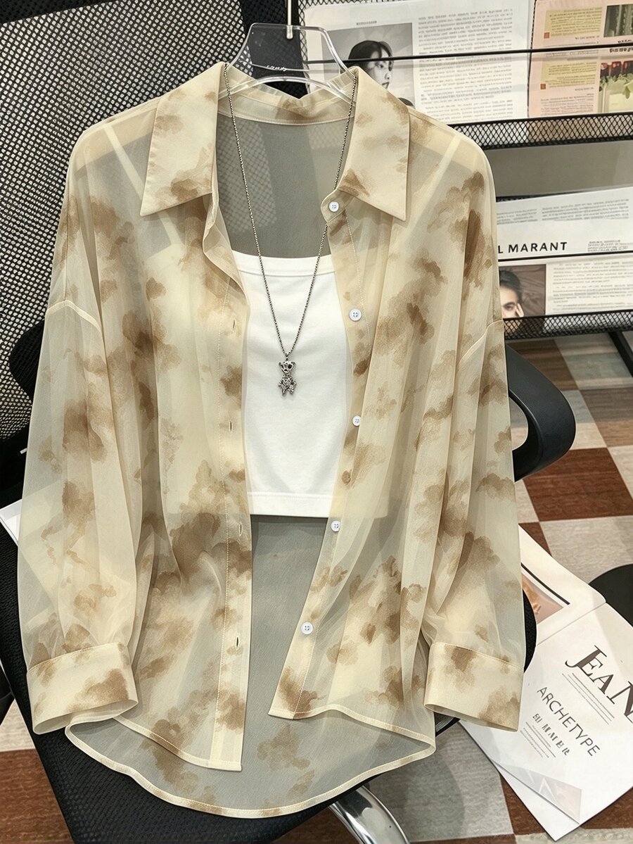 Resyla Plus Size Women's Tie-Dye Drop Shoulder Long Sleeve Single-Breasted Casual Loose Fit Shirt - Multicolor - View 1