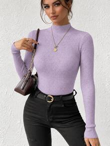 SHEIN Women Casual Everyday Half-Turtleneck Slim-Fit Solid Color Sweater, Autumn/Winter Knit Pullover Fall - Purple - View 9