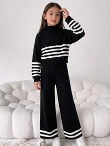 SHEIN طقم محبوك للفتيات المراهقات ببنطال طويل وأكمام طويلة، مبطن حراري سميك مخطط بتصميم بسيط - أبيض وأسود - مشاهدة 2