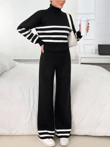SHEIN طقم محبوك للفتيات المراهقات ببنطال طويل وأكمام طويلة، مبطن حراري سميك مخطط بتصميم بسيط - أبيض وأسود - مشاهدة 5