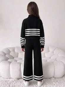 SHEIN طقم محبوك للفتيات المراهقات ببنطال طويل وأكمام طويلة، مبطن حراري سميك مخطط بتصميم بسيط - أبيض وأسود - مشاهدة 3
