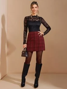 Amorya 女士优雅高腰红色格子复古 A 字裙，适合日常和多场合，秋季 - 紅色 - 查看 8