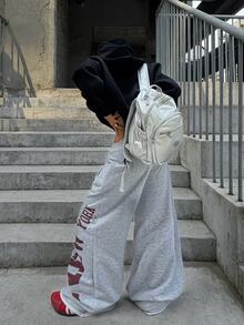 Coolane 女款秋冬四季街頭風運動基礎學院風賽事日休閒必備紅色圖案灰色寬鬆寬腿運動長褲 - 灰色 - 查看 10