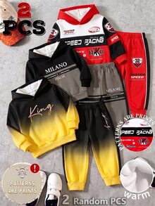 SHEIN Baby Boys Sweatshirt Sets Sporty Band Spanish Rock Black And Red Red Racing Checke Contrast Long Sleeve Hooded Autumn School Family Matching - Multicolor - View 3
