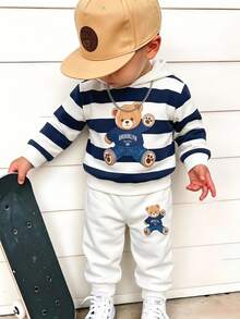 2pcs Baby Boys Hoodie Sets Cute Navy Blue Off-White Bear Print Long Sleeve Hooded Ribbed Cuff Thick Autumn Fall Back To School Holiday - Multicolor - View 1