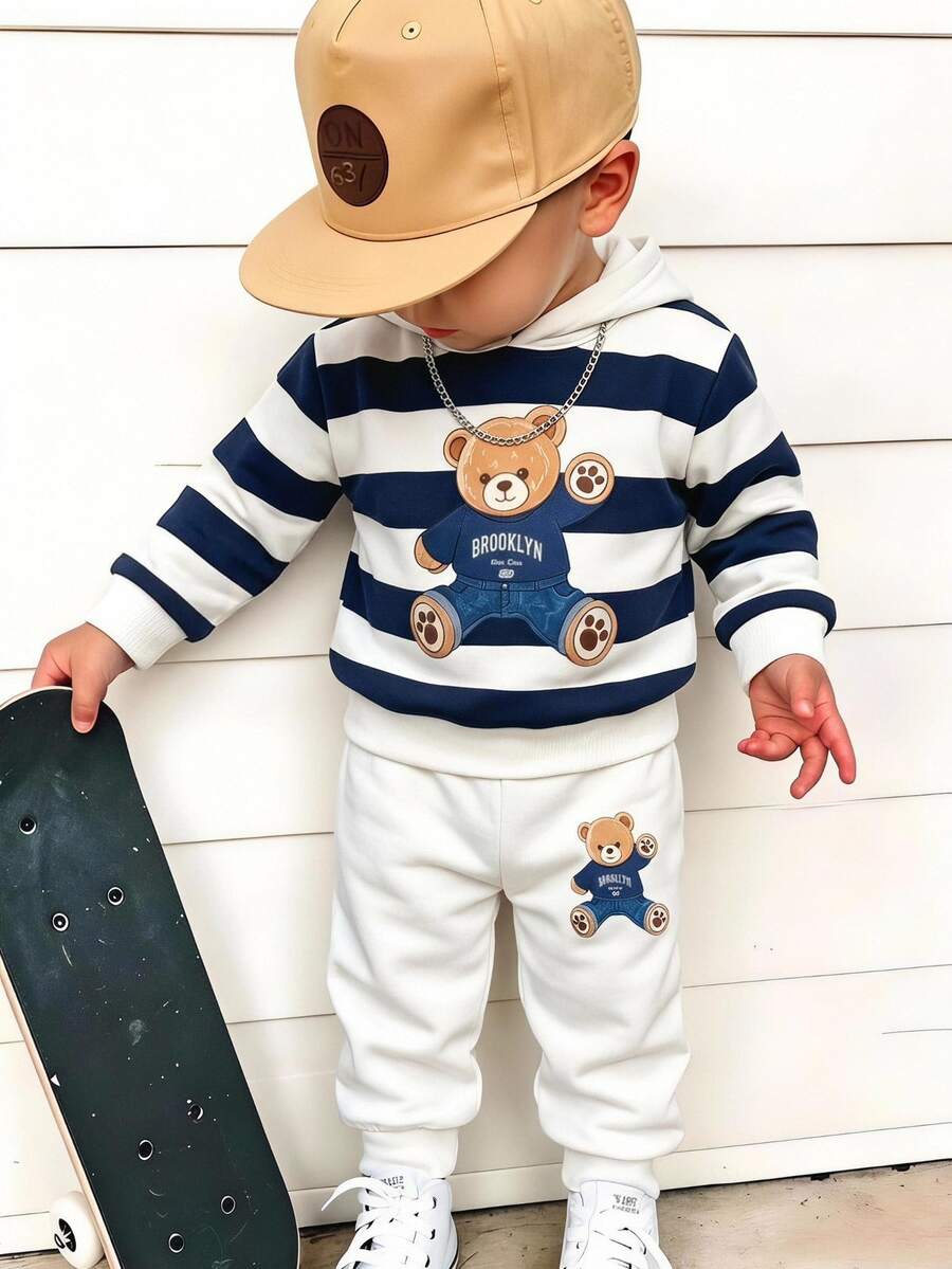 2pcs Baby Boys Hoodie Sets Cute Navy Blue Off-White Bear Print Long Sleeve Hooded Ribbed Cuff Thick Autumn Fall Back To School Holiday - Multicolor - View 1