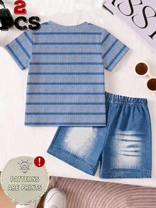SHEIN 2件組男嬰可愛深藍色熊圖案條紋印花寬鬆圓領鬆緊腰休閒套裝，假日家庭親子款，返校季，柔軟淺藍色夏季款 - 彩色 - 查看 3