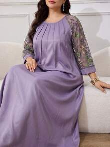 Al Najma 大尺碼女款花卉刺繡網紗落肩袖套裝保守阿拉伯風洋裝 洗禮賓客泰國度假紫色秋季早晨杜拜 - 紫色 - 查看 5