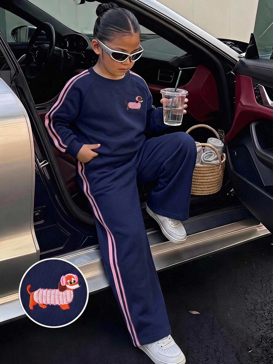 SHEIN Young Girls Navy Blue Kids Puppy Embroidery Sweatshirt Set, Side Pink Webbing Top + Wide Leg Pants, Loose Casual 2 Pieces Set For Spring And Autumn - Royal Blue - View 1