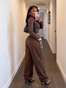 Slaydiva Women Two Pieces Set Wrap V Neck Long Sleeve Crop Top Wide Leg Pants Chocolate Brown Knit Matching Set Chic Casual Airport Vacation Lounge - Brown - View 2