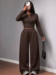 Slaydiva Women Two Pieces Set Wrap V Neck Long Sleeve Crop Top Wide Leg Pants Chocolate Brown Knit Matching Set Chic Casual Airport Vacation Lounge - Brown - View 1