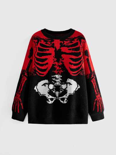 Street Life Plus Size Women's Christmas Gradient Skeleton Pattern Street Gothic Dark Style Knit Pullover Sweater