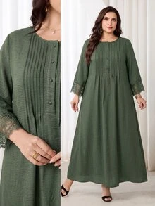 Al Najma Plus Size Women's Green Button Design Lace Cuff Elegant Modest Casual Arabian Dress Formal Thailand Holiday Fall - Army Green - View 2