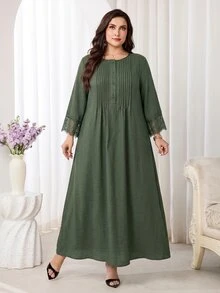 Al Najma Plus Size Women's Green Button Design Lace Cuff Elegant Modest Casual Arabian Dress Formal Thailand Holiday Fall - Army Green - View 5