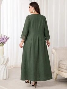 Al Najma Plus Size Women's Green Button Design Lace Cuff Elegant Modest Casual Arabian Dress Formal Thailand Holiday Fall - Army Green - View 3