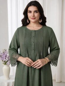 Al Najma Plus Size Women's Green Button Design Lace Cuff Elegant Modest Casual Arabian Dress Formal Thailand Holiday Fall - Army Green - View 1