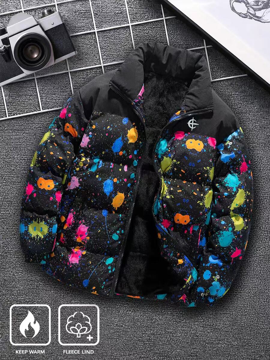 Manfinity Homme Men's Splatter Print Long Sleeve Zip-Up Casual Winter Jacket - Multicolor - View 1