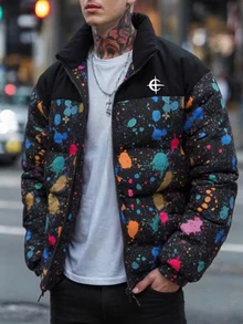 Manfinity Homme Men's Splatter Print Long Sleeve Zip-Up Casual Winter Jacket - Multicolor - View 3