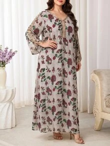 Al Najma 大尺碼女款刺繡灰色花卉印花保守型Ninang夏威夷阿拉伯傳統長洋裝，洗禮賓客、泰國度假、秋季婚禮適用 - 彩色 - 查看 7