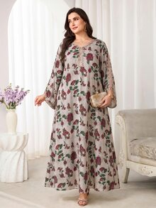 Al Najma 大尺碼女款刺繡灰色花卉印花保守型Ninang夏威夷阿拉伯傳統長洋裝，洗禮賓客、泰國度假、秋季婚禮適用 - 彩色 - 查看 9