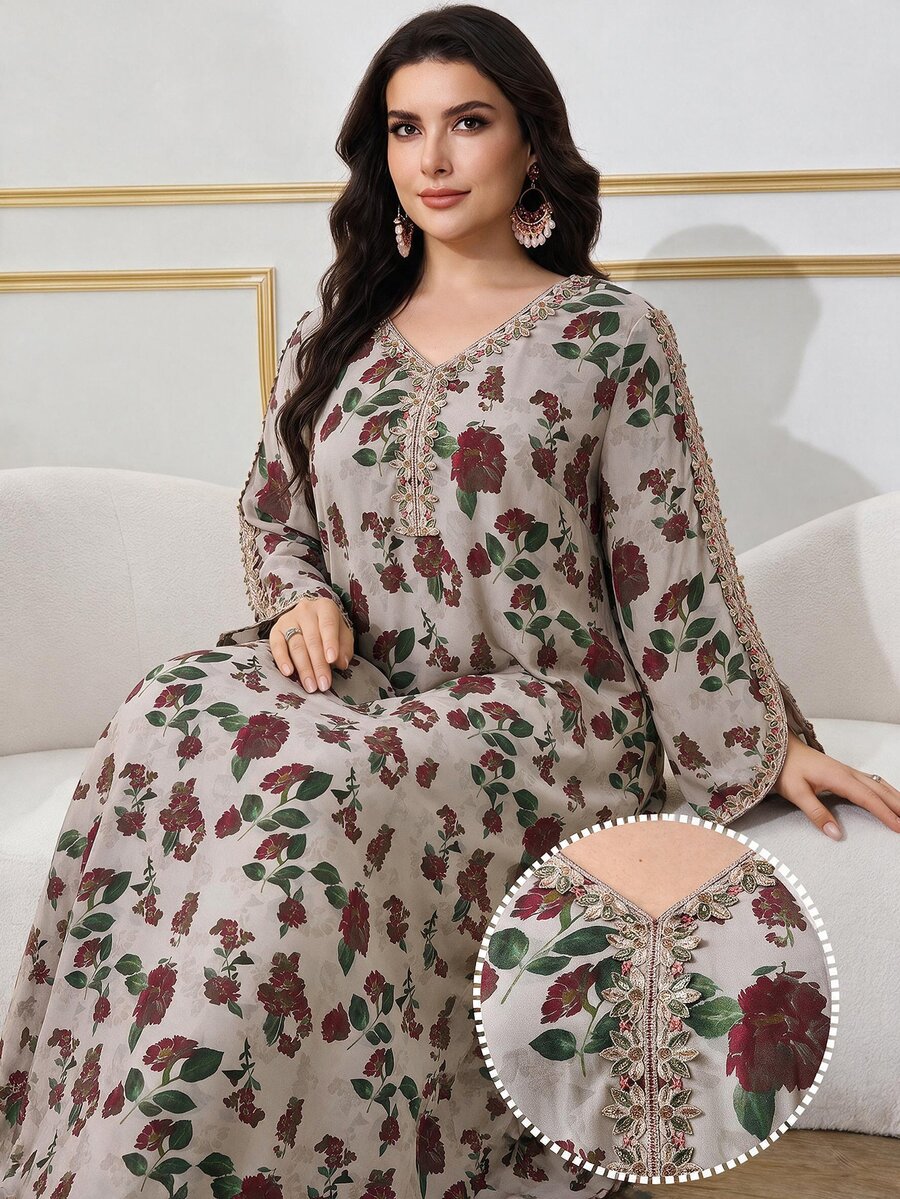 Al Najma Plus Size Women's Embroidebeige Floral Print Modest Ninang ...