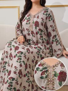 Al Najma 大尺碼女款刺繡灰色花卉印花保守型Ninang夏威夷阿拉伯傳統長洋裝，洗禮賓客、泰國度假、秋季婚禮適用 - 彩色 - 查看 4
