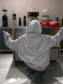 DAZY Women's Autumn/Winter Hooded Rhinestone Korean Style Long Sleeve Sweatshirt - Light Grey - View 5