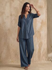 Faunlyn Women's Solid Color Notch V-Neck Rolled Sleeve Shirt And Pants Casual Simple 2 Pieces Set Vacation Navy Blue Summer Brunch - Blue - View 8