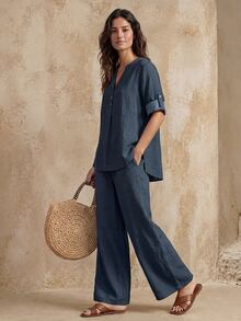 Faunlyn Women's Solid Color Notch V-Neck Rolled Sleeve Shirt And Pants Casual Simple 2 Pieces Set Vacation Navy Blue Summer Brunch - Blue - View 7