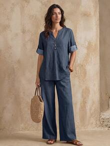 Faunlyn Women's Solid Color Notch V-Neck Rolled Sleeve Shirt And Pants Casual Simple 2 Pieces Set Vacation Navy Blue Summer Brunch - Blue - View 3