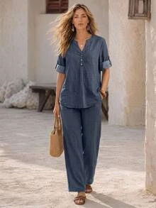 Faunlyn Women's Solid Color Notch V-Neck Rolled Sleeve Shirt And Pants Casual Simple 2 Pieces Set Vacation Navy Blue Summer Brunch - Blue - View 2