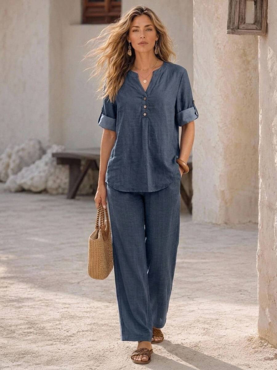 Faunlyn Women's Solid Color Notch V-Neck Rolled Sleeve Shirt And Pants Casual Simple 2 Pieces Set Vacation Navy Blue Summer Brunch
