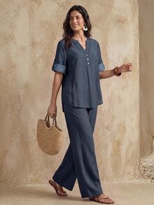 Faunlyn Women's Solid Color Notch V-Neck Rolled Sleeve Shirt And Pants Casual Simple 2 Pieces Set Vacation Navy Blue Summer Brunch - Blue - View 5