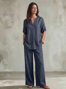 Faunlyn Women's Solid Color Notch V-Neck Rolled Sleeve Shirt And Pants Casual Simple 2 Pieces Set Vacation Navy Blue Summer Brunch - Blue - View 9