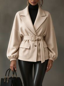 Elyressa Lapel Pocket Long Sleeve Belted Button Jacket - Khaki - View 3