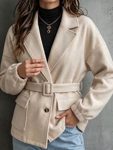 Elyressa Lapel Pocket Long Sleeve Belted Button Jacket - Khaki - View 6