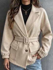 Elyressa Lapel Pocket Long Sleeve Belted Button Jacket - Khaki - View 7
