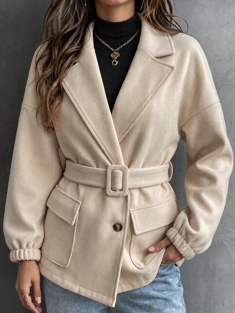 Elyressa Lapel Pocket Long Sleeve Belted Button Jacket - Khaki - View 7