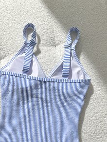 Swim Lushoire 1件条纹特殊面料交叉前开襟连体泳衣 - 藍色 - 查看 7