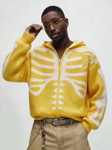 ROMWE MEN Men's Streetwear Enterprise Skull Jacquard Knit Cardigan - Yellow - View 1