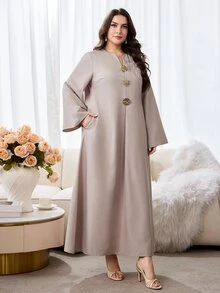 Al Najma 大尺碼女款優雅端莊阿拉伯風洋裝，鑲水鑽珠飾金屬扣，灰色，適合泰國度假與婚禮，秋季穿搭 - 卡其色 - 查看 7