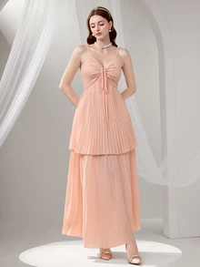 Poshira Women's Elegant Solid Color Pleated Camisole Maxi Dress,Formal Beaded Design Body Sequins Suspender Summer Dress For Graduation,Cocktail & Party - Pink - View 6