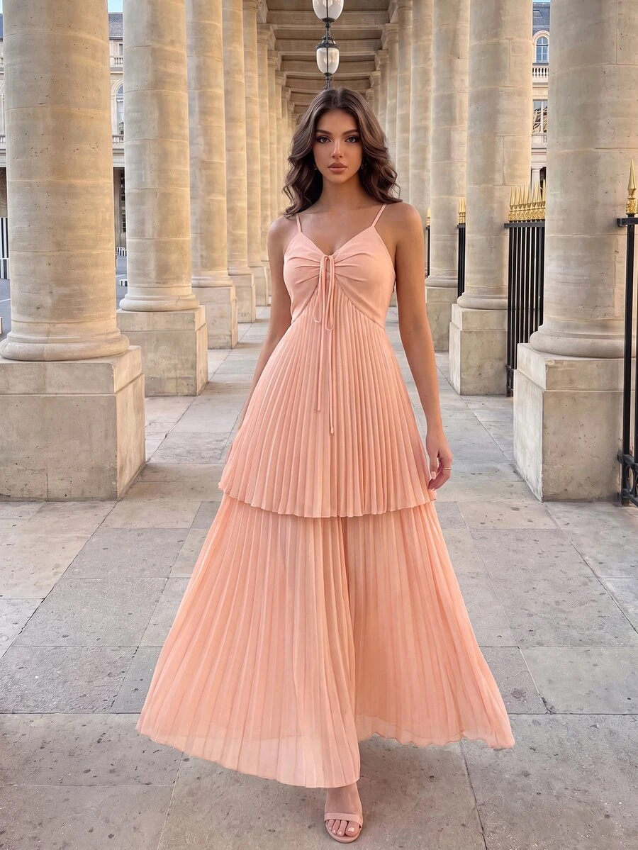Poshira Women's Elegant Solid Color Pleated Camisole Maxi Dress,Formal Beaded Design Body Sequins Suspender Summer Dress For Graduation,Cocktail & Party - Pink - View 1