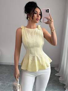 Elenzga New Woven Texture Floral Print Women's Top With Bowknot Shoulder Strap, Waist Cinched Ruffle Hem Design, Elegant Versatile Holiday Casual - Yellow - View 5