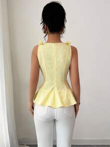 Elenzga New Woven Texture Floral Print Women's Top With Bowknot Shoulder Strap, Waist Cinched Ruffle Hem Design, Elegant Versatile Holiday Casual - Yellow - View 2