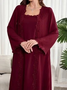 Al Najma Plus Size Women Lace Elegant Arabic Style Dress - Burgundy - View 5