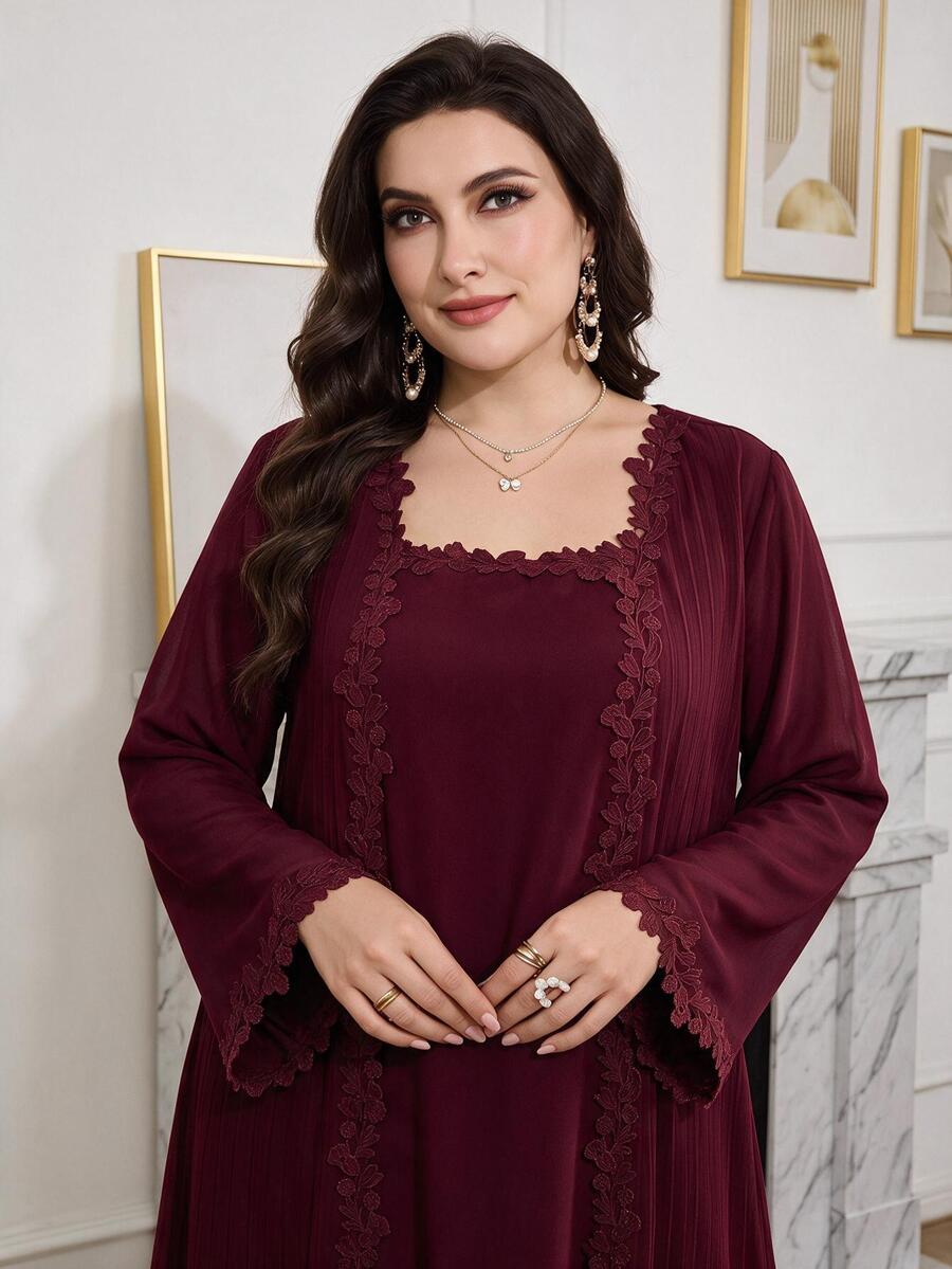 Al Najma Plus Size Women Lace Elegant Arabic Style Dress - Burgundy - View 1