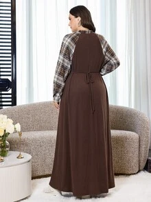 Al Najma Đầm kiểu Ả Rập tay dài phối patchwork kẻ caro cho nữ size lớn - Cà phê nâu - Xem 2