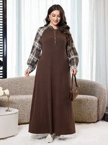 Al Najma Đầm kiểu Ả Rập tay dài phối patchwork kẻ caro cho nữ size lớn - Cà phê nâu - Xem 5